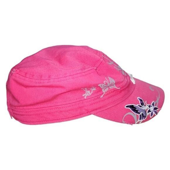 Y2K Distressed Pink Cadet Hat w/ Rhinestone Applique Embellished Butterfly OS - Picture 7 of 11